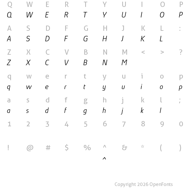 Character Map of Absolut Reduced Light Italic