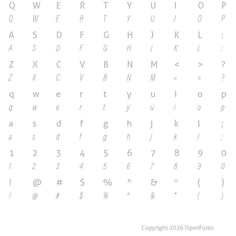 Character Map of Acumin Pro Condensed Thin Italic