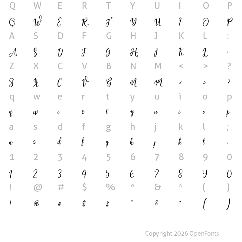 Character Map of Adheana Script Italic Regular