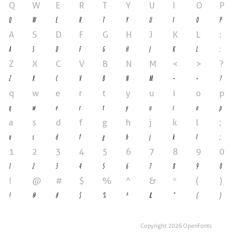 Character Map of Agenda One Compressed Light Italic