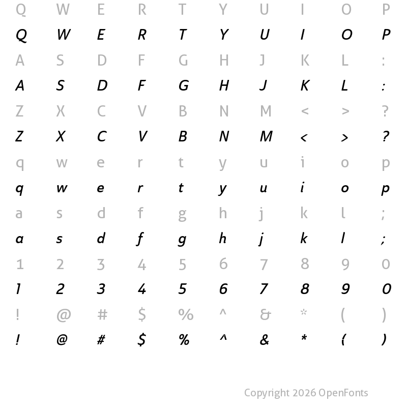 Character Map of Ainslie Sans Cond Demi Ital
