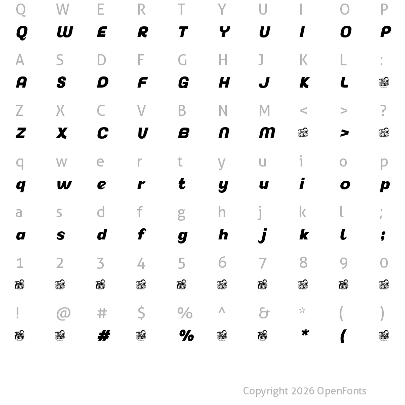 Character Map of Akuina Personal use Black Slanted