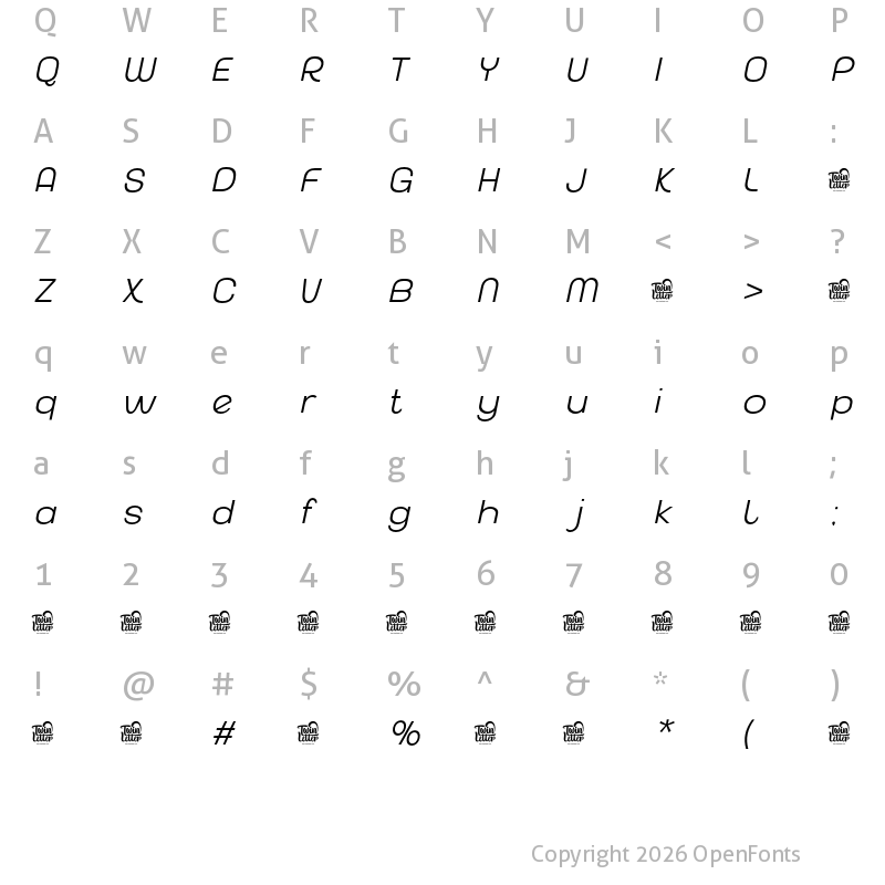 Character Map of Akuina Personal use Extra Light Slanted