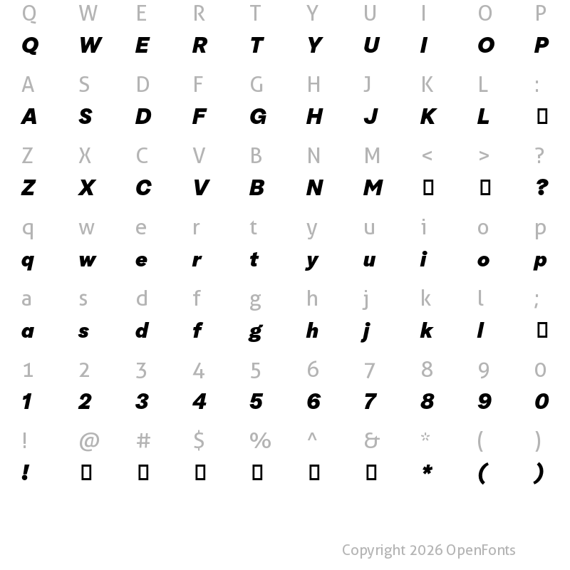 Character Map of Albra Grotesk TRIAL Black Italic TRIAL