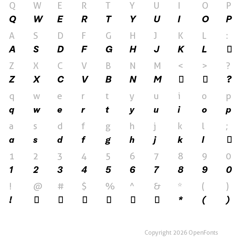 Character Map of Albra Grotesk TRIAL Bold Italic TRIAL
