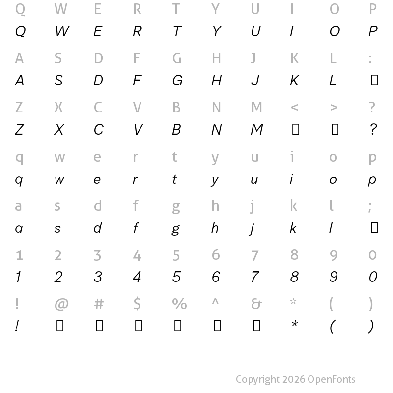 Character Map of Albra Grotesk TRIAL Light Italic TRIAL