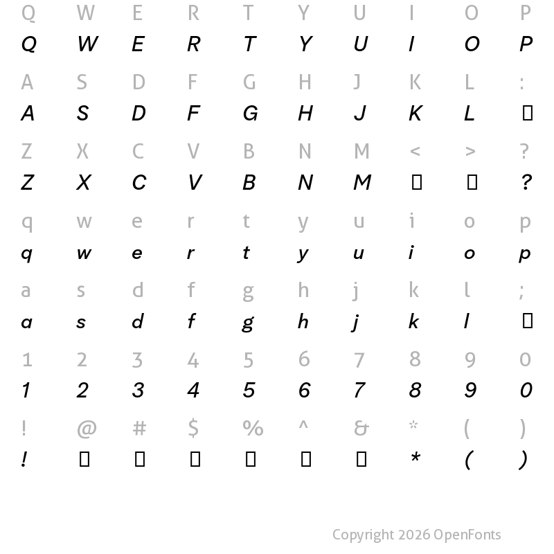 Character Map of Albra Grotesk TRIAL Medium Italic TRIAL