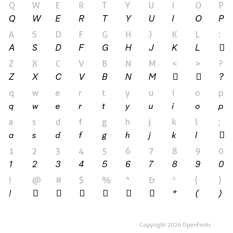 Character Map of Albra Grotesk TRIAL Regular Italic TRIAL