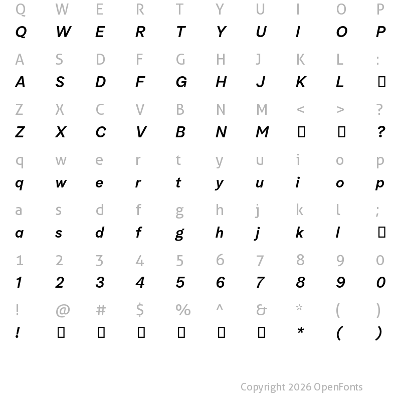 Character Map of Albra Grotesk TRIAL Semi Italic TRIAL