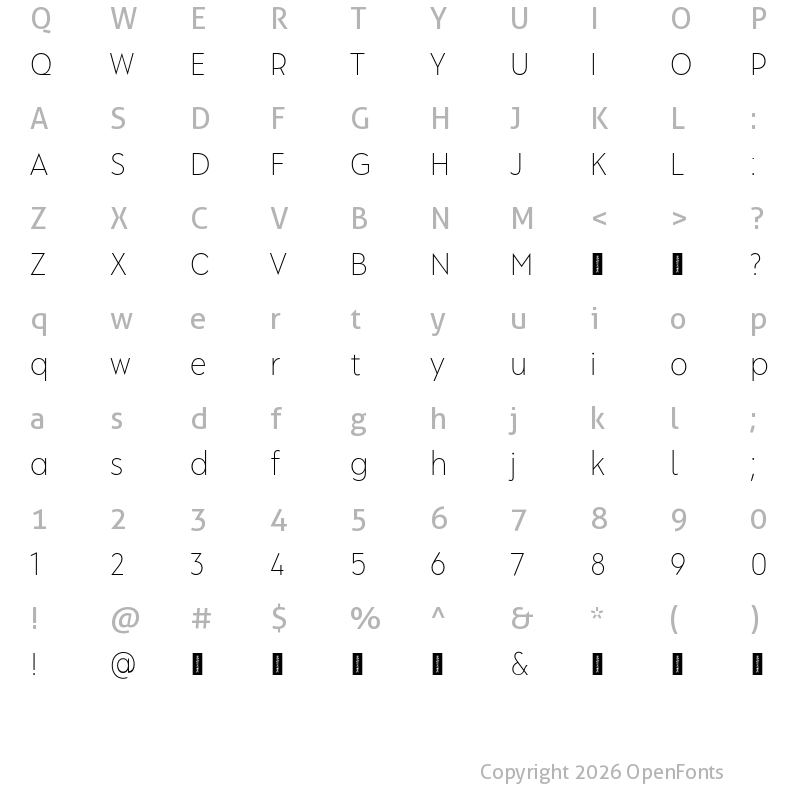 Character Map of Albula Narrow Pro Trial ExtraLight