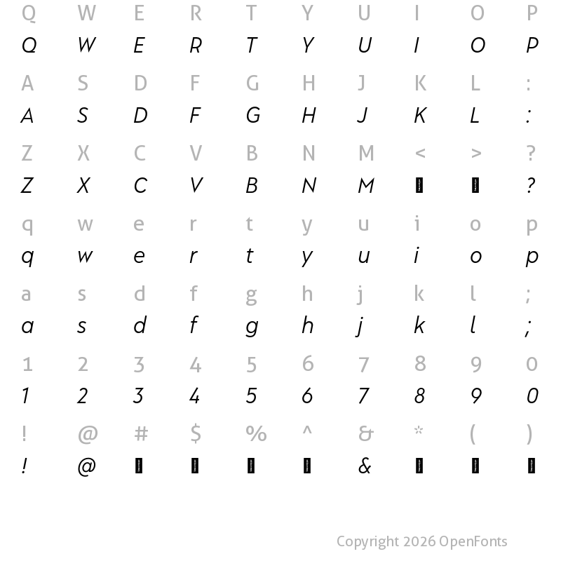 Character Map of Albula Narrow Pro Trial Oblique