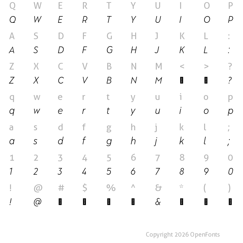 Character Map of Albula Narrow Pro Trial SemiLight Oblique