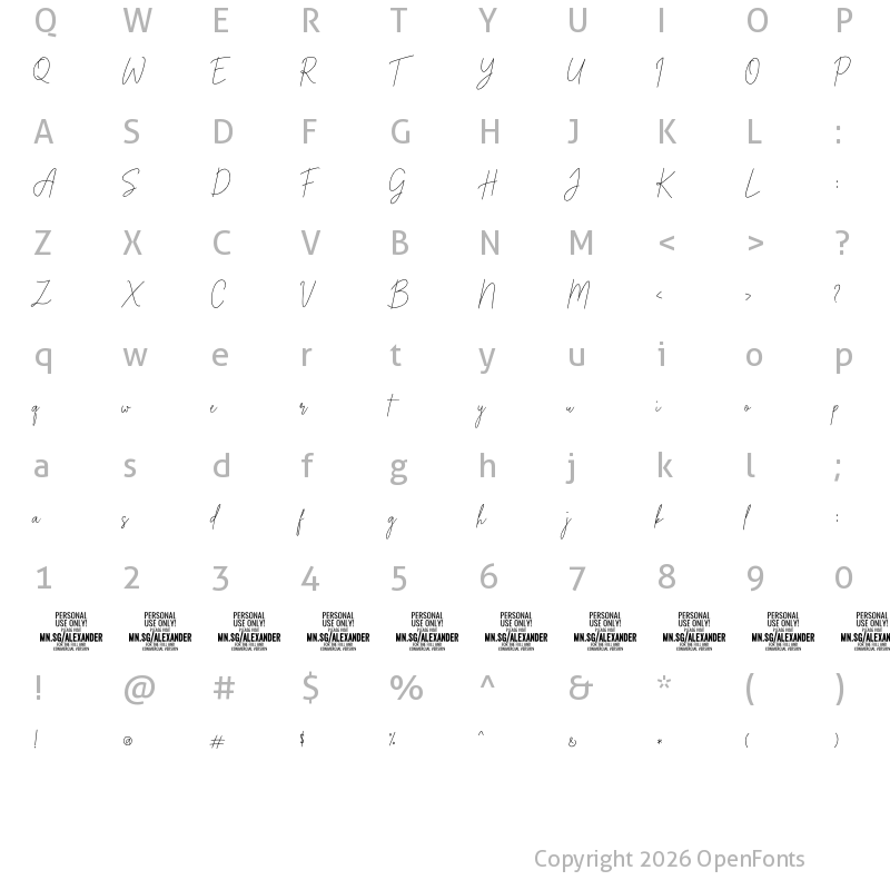 Character Map of Alexander Lettering PERSONAL Regular