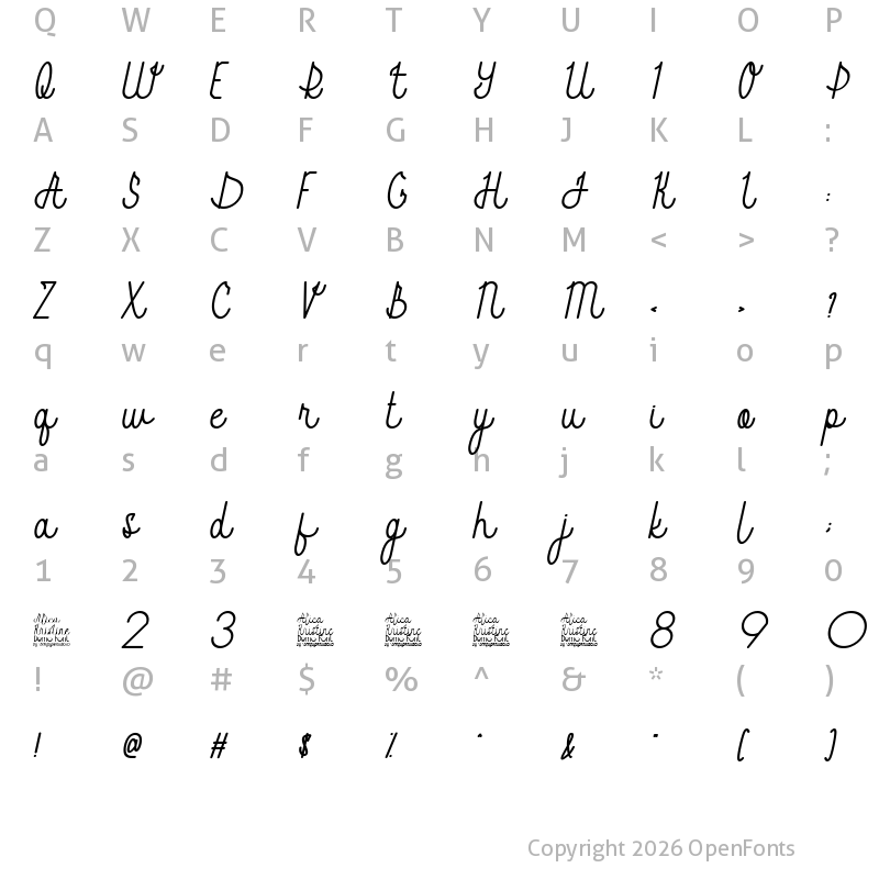 Character Map of Alica Kristine Bold Slant Bold
