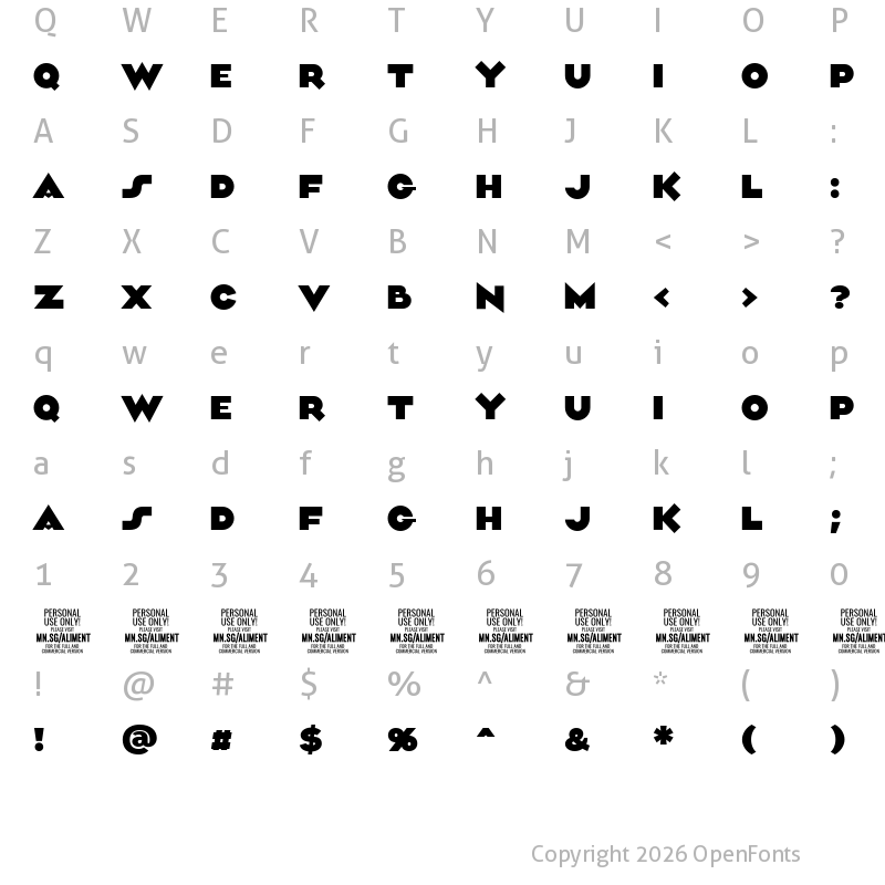 Character Map of Aliment PERSONAL USE Bold