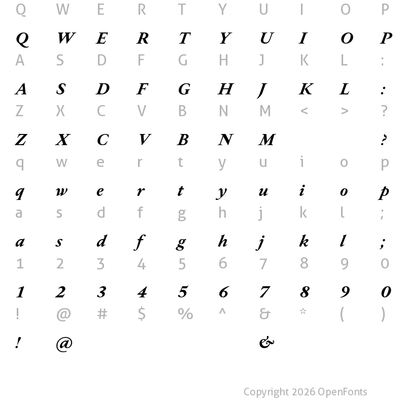 Character Map of Allrounder Antiqua Test Bold Italic