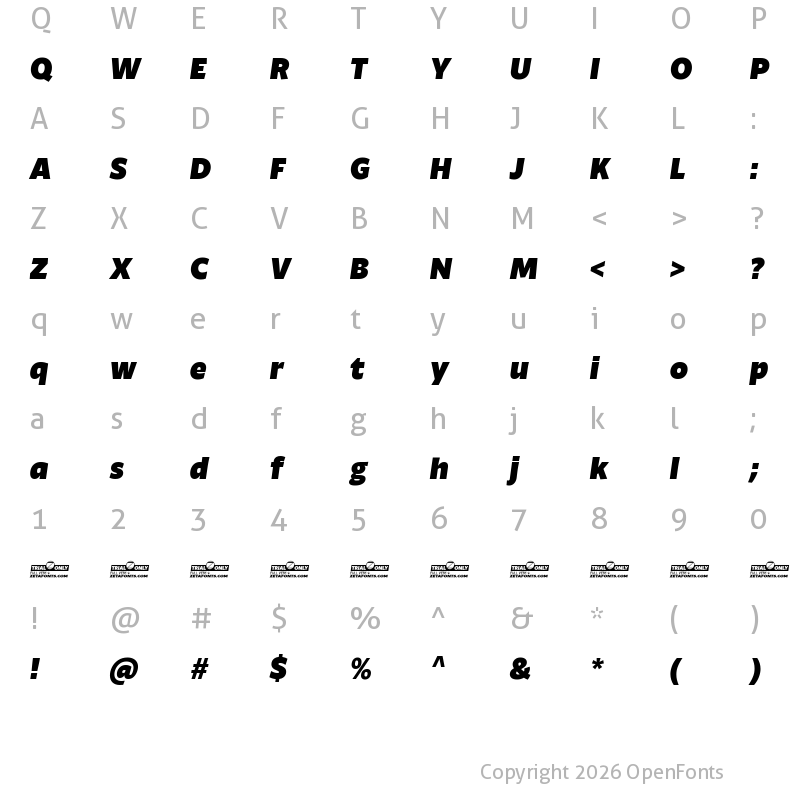 Character Map of Ambra Sans Trial Black Italic