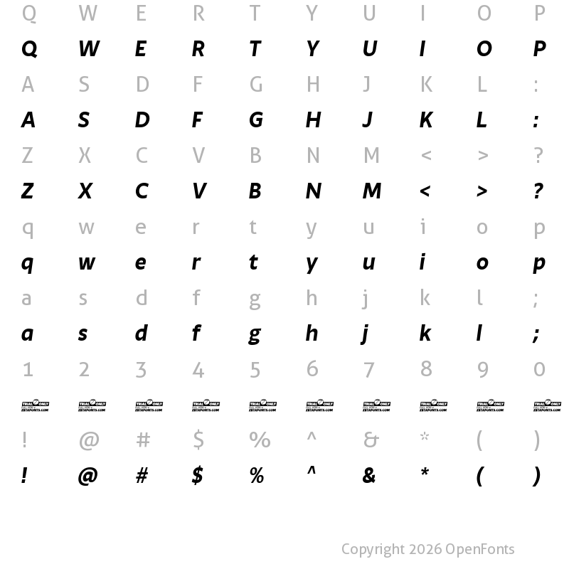 Character Map of Ambra Sans Trial Bold Italic