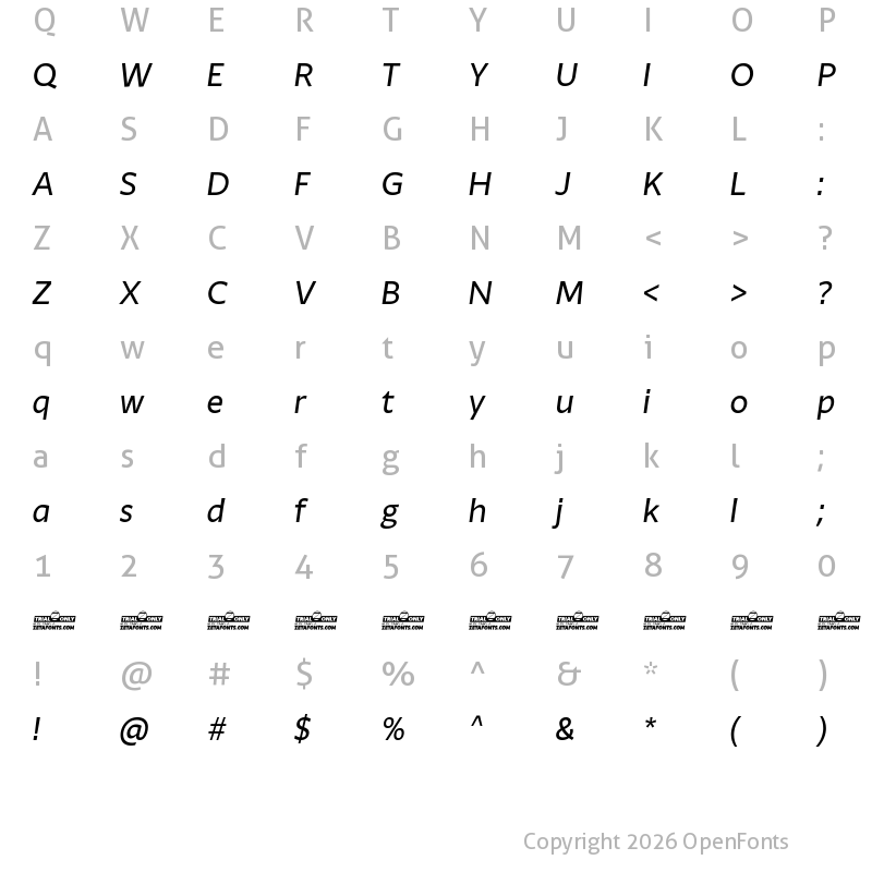 Character Map of Ambra Sans Trial Italic