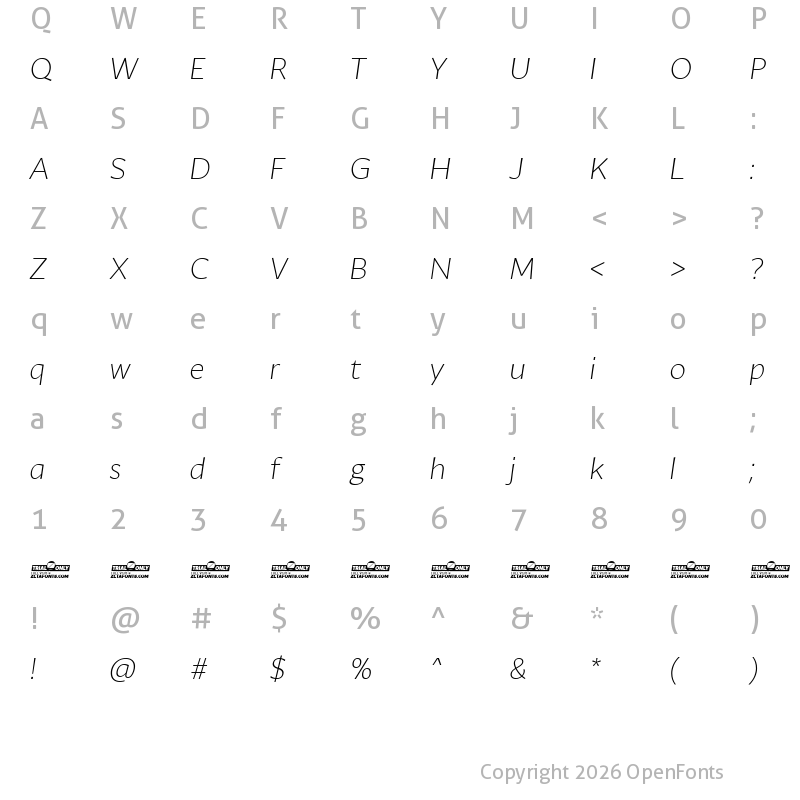 Character Map of Ambra Sans Trial Light Italic