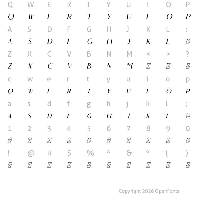Character Map of Angelic Bonques Free Sans Italic