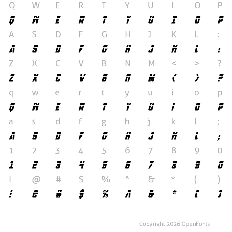 Character Map of Anitlles Laser Italic Italic