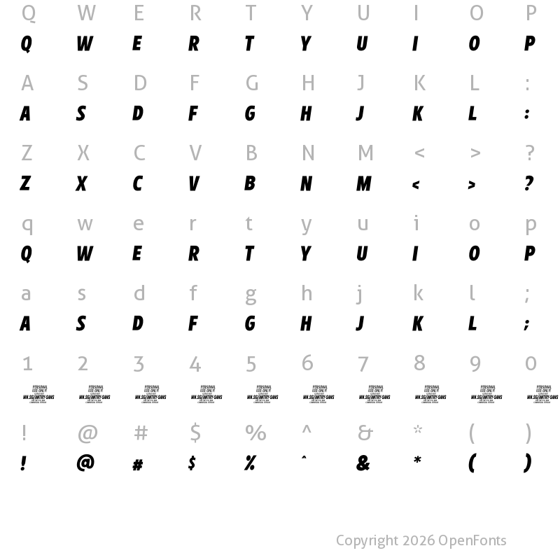 Character Map of Antry Sans PERSONAL USE ONLY Italic