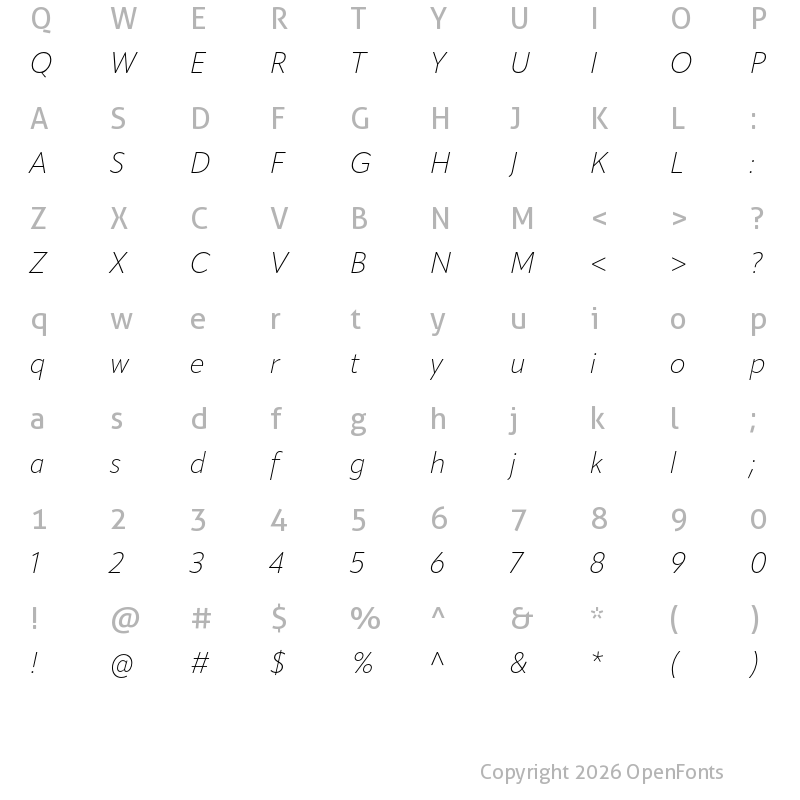 Character Map of ApparatSemiCond Extralight Italic