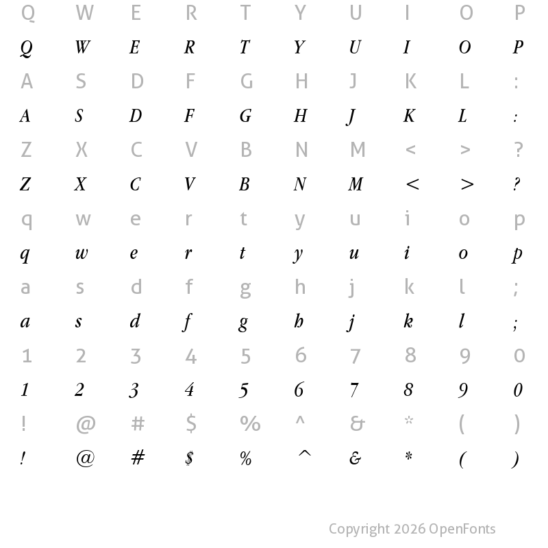 Character Map of Apple Garamond Italic