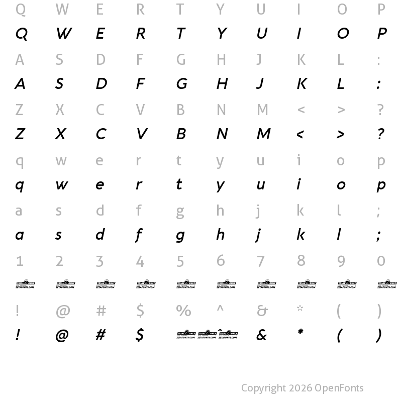 Character Map of Aquawax Pro Trial DemiBold Italic