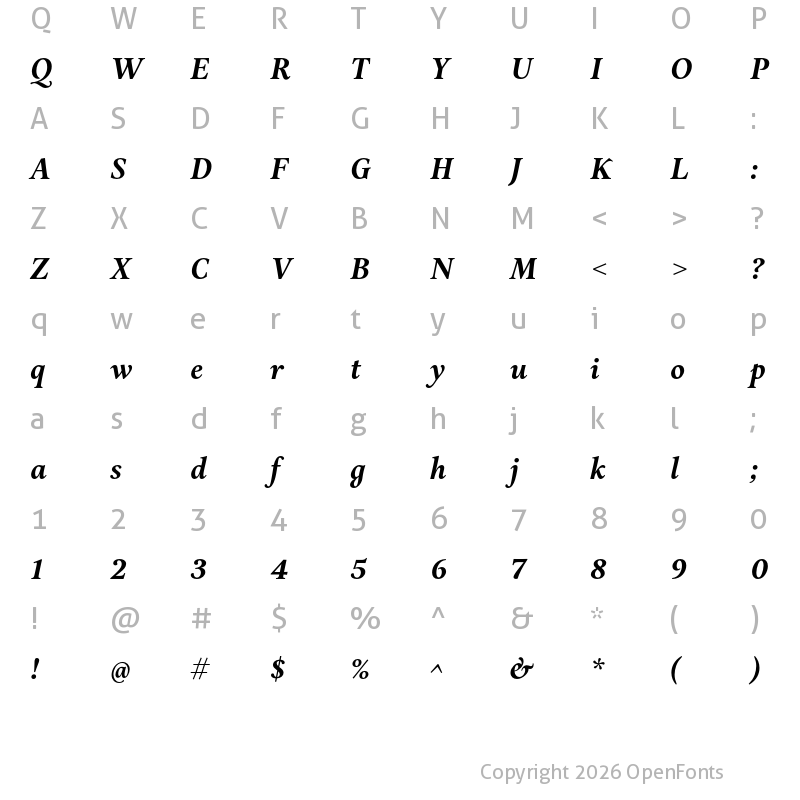 Character Map of Aria Text G2 Bold Italic