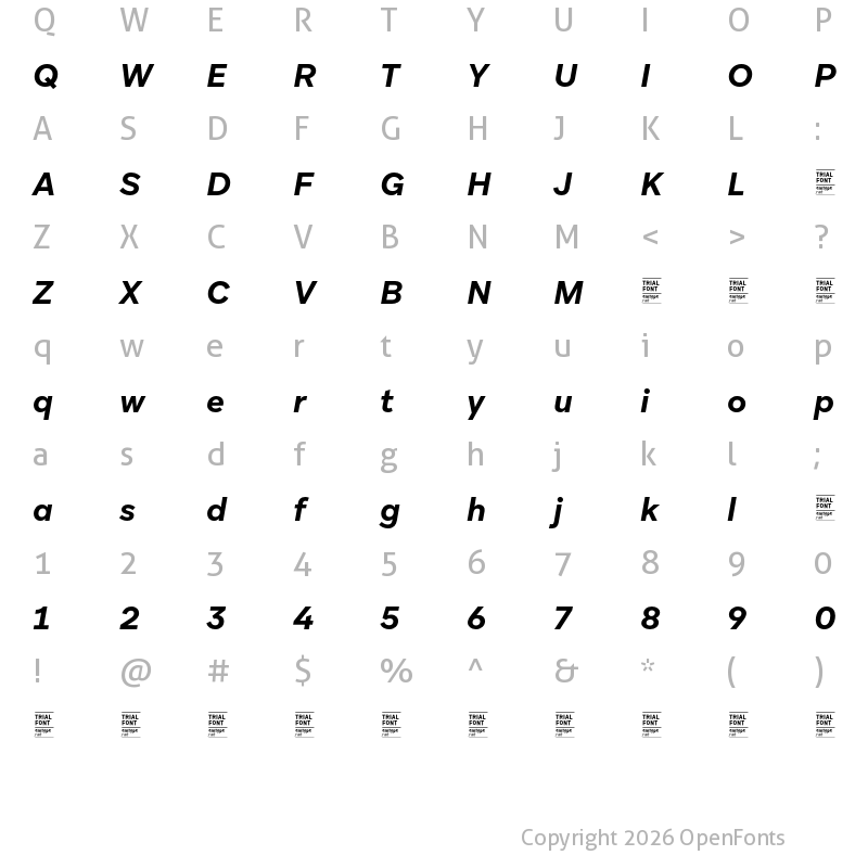 Character Map of Aribau Grotesk TRIAL Bold Italic