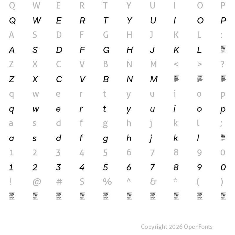 Character Map of Aribau Grotesk TRIAL Regular Italic