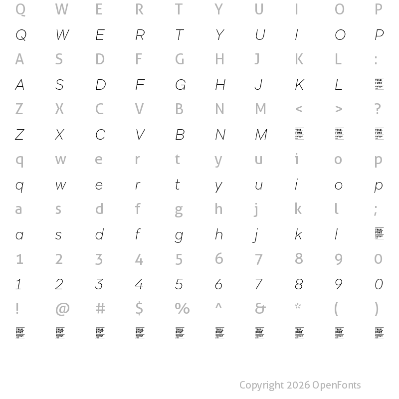 Character Map of Aribau Grotesk TRIAL UltraLight Italic