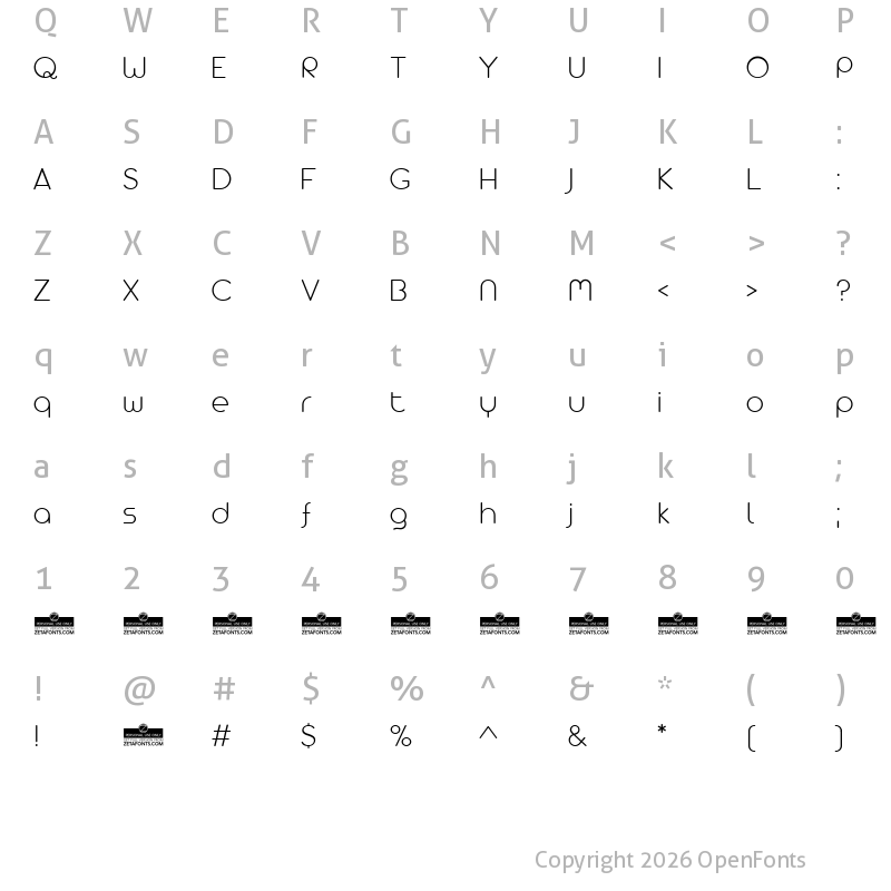 Character Map of Arista Pro Alternate ExtraLight