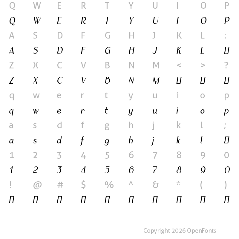 Character Map of Armoire 1.0 TRIAL Bold Italic