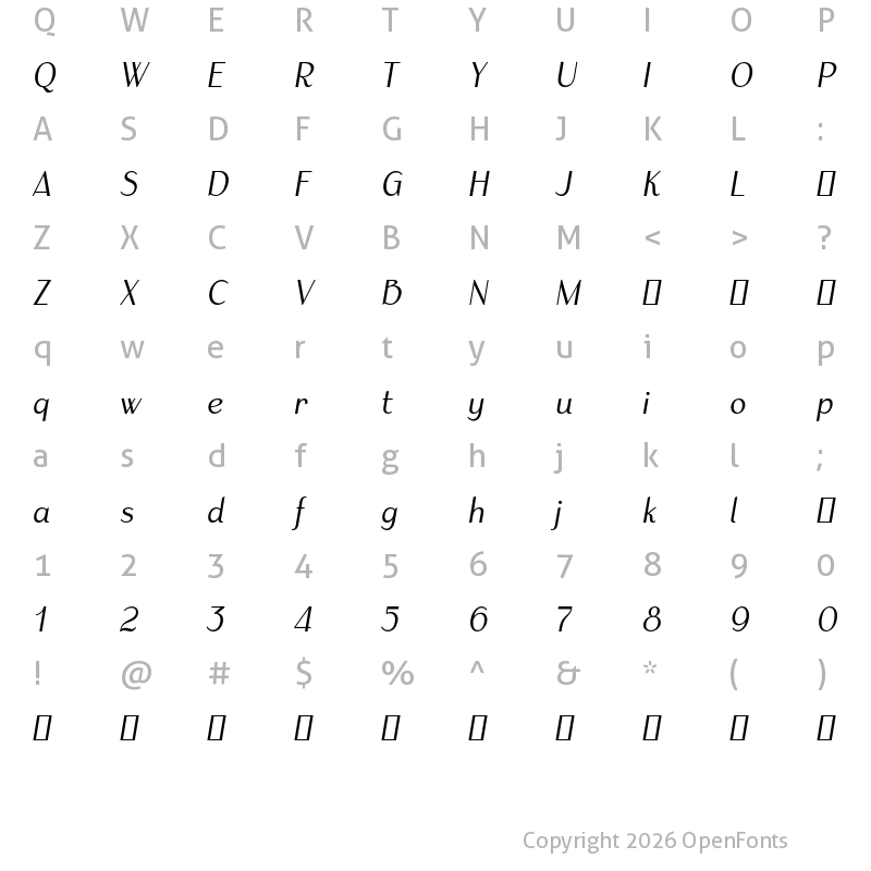 Character Map of Armoire 1.0 TRIAL Medium Italic