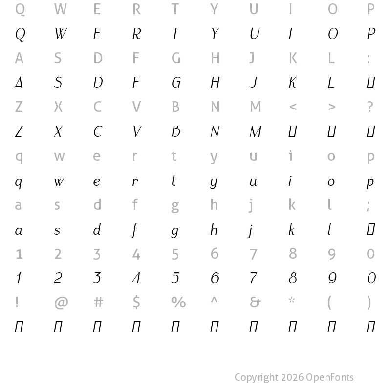 Character Map of Armoire 1.0 TRIAL Regular Italic