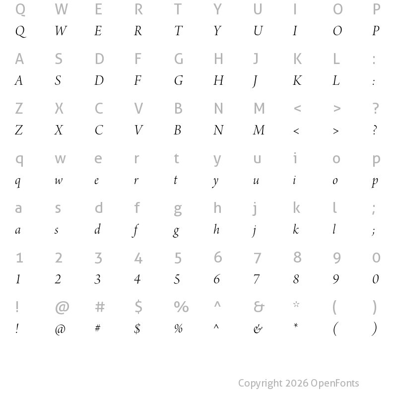 Character Map of Arno Pro Display Light Italic