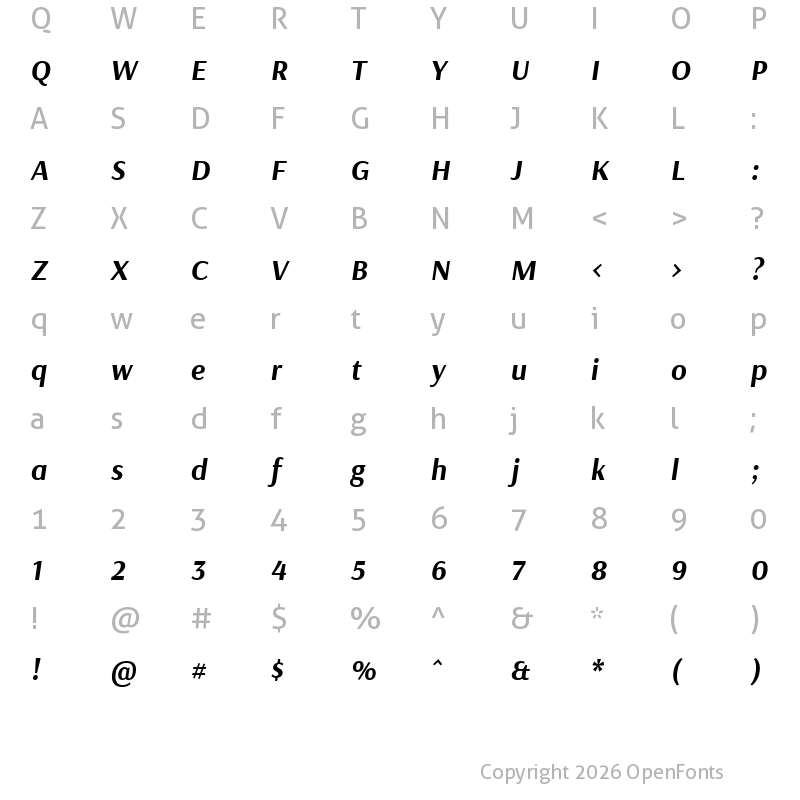 Character Map of Arsenal Bold Italic