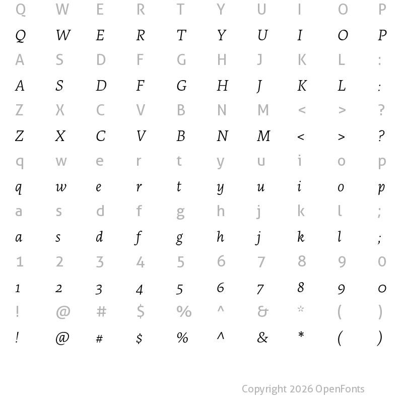 Character Map of Artigo Light Italic