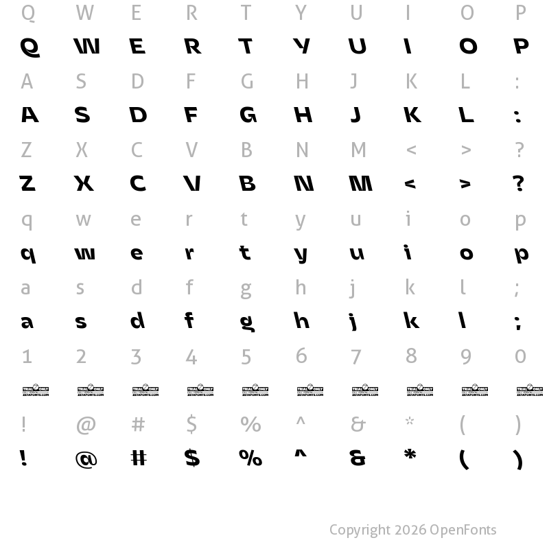 Character Map of Asgard Trial Fit Bold Backslant