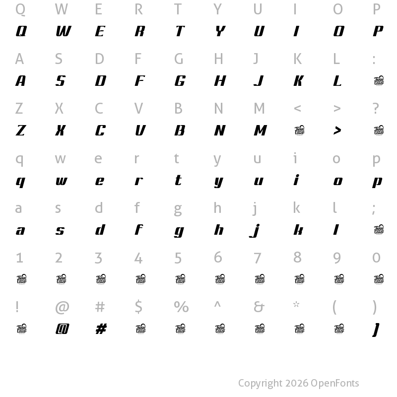 Character Map of Ashety Personal use Black Slanted