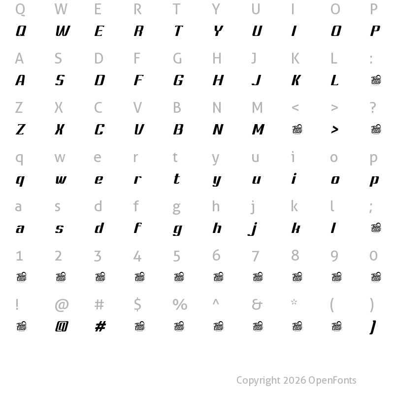 Character Map of Ashety Personal use Bold Slanted