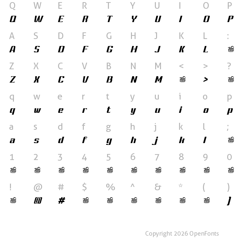Character Map of Ashety Personal use Extra Bold Slanted