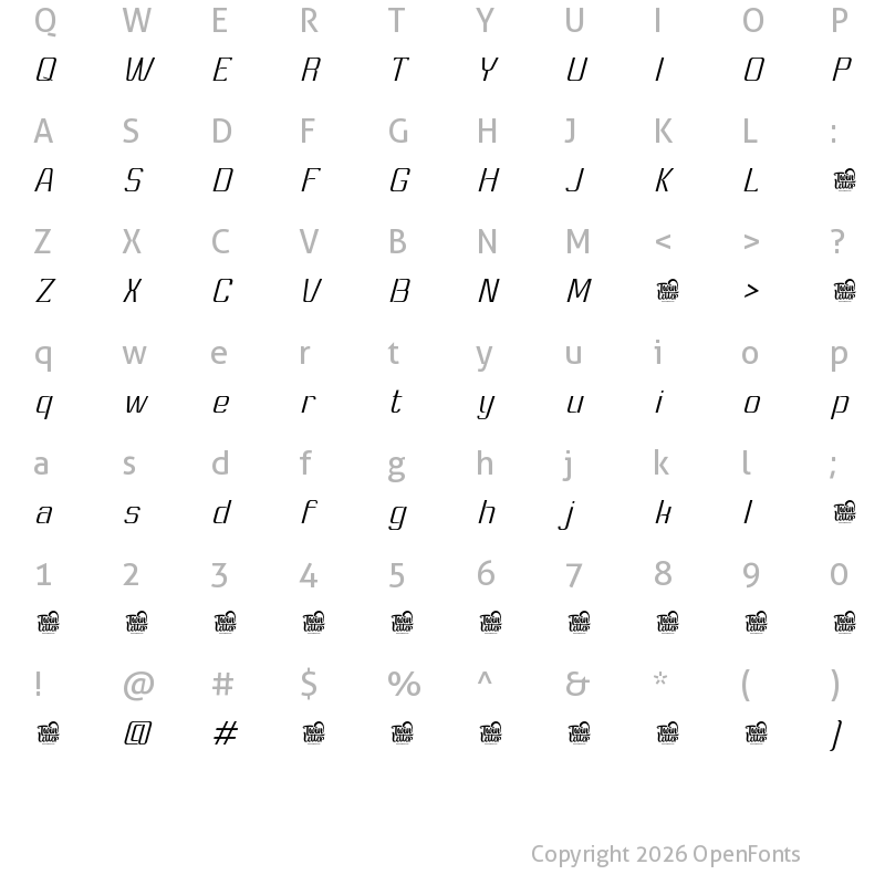 Character Map of Ashety Personal use Extra Light Slanted
