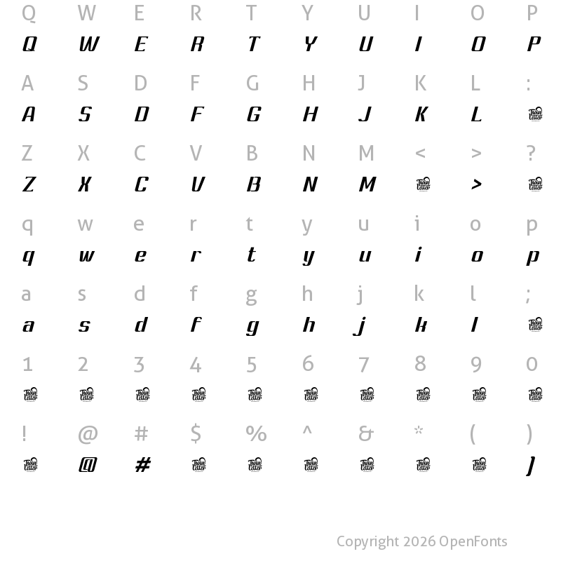Character Map of Ashety Personal use Semi Bold Slanted
