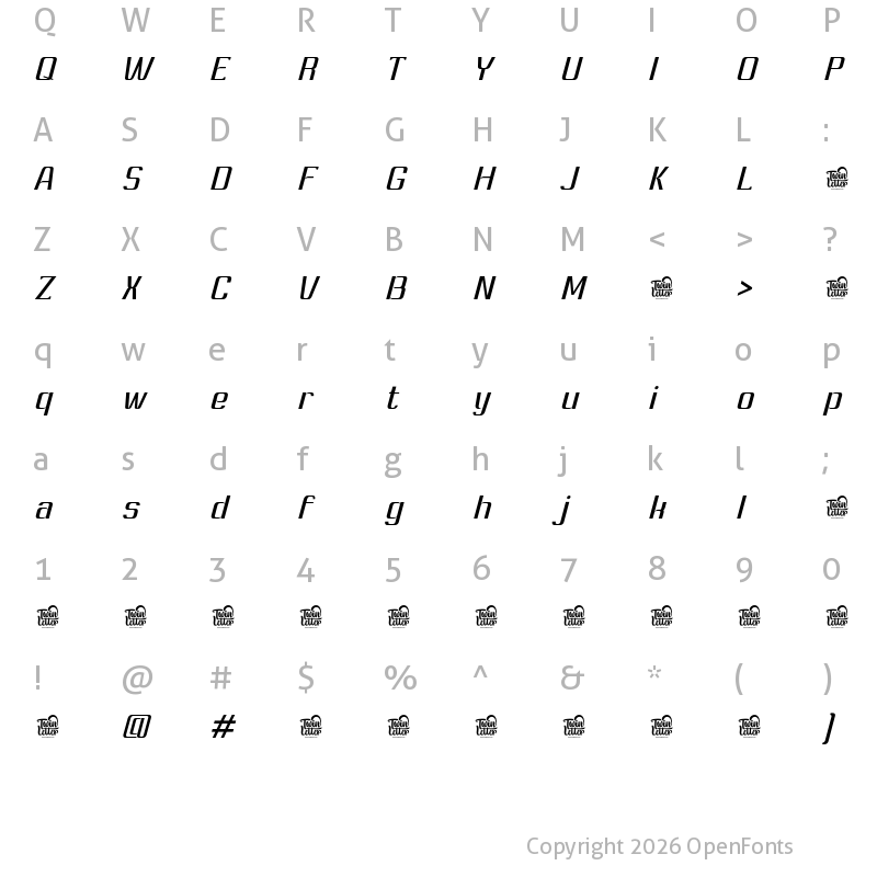 Character Map of Ashety Personal use Slanted