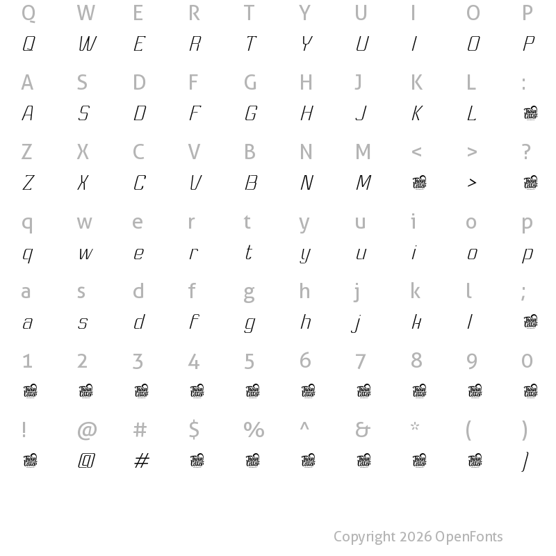 Character Map of Ashety Personal use Thin Slanted
