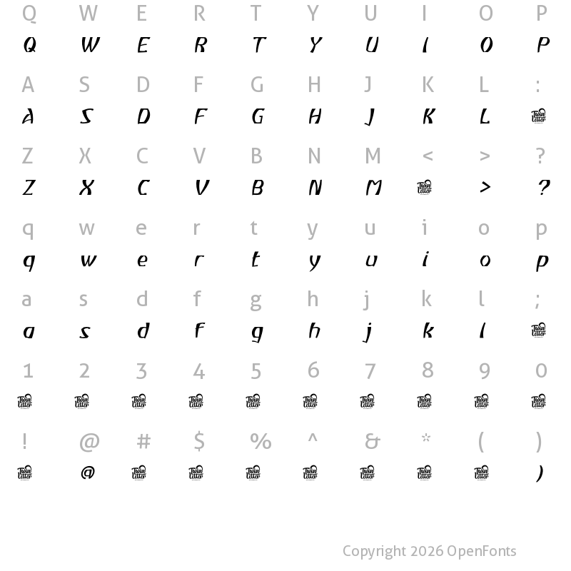 Character Map of Atiku personal use Extra Light Slanted